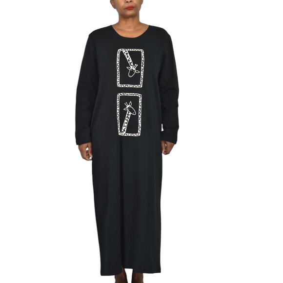 Vintage Cite Giraffe Knit Dress Black Maxi Art To Wear Print Lounge Casual Small - Picture 13 of 14